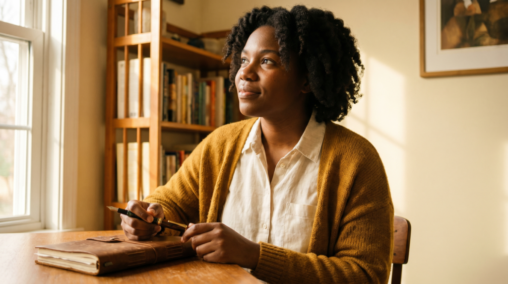 A Black woman writer in a golden cardigan at a sunlit desk looking up in a moment of realization, warm bookshelf behind