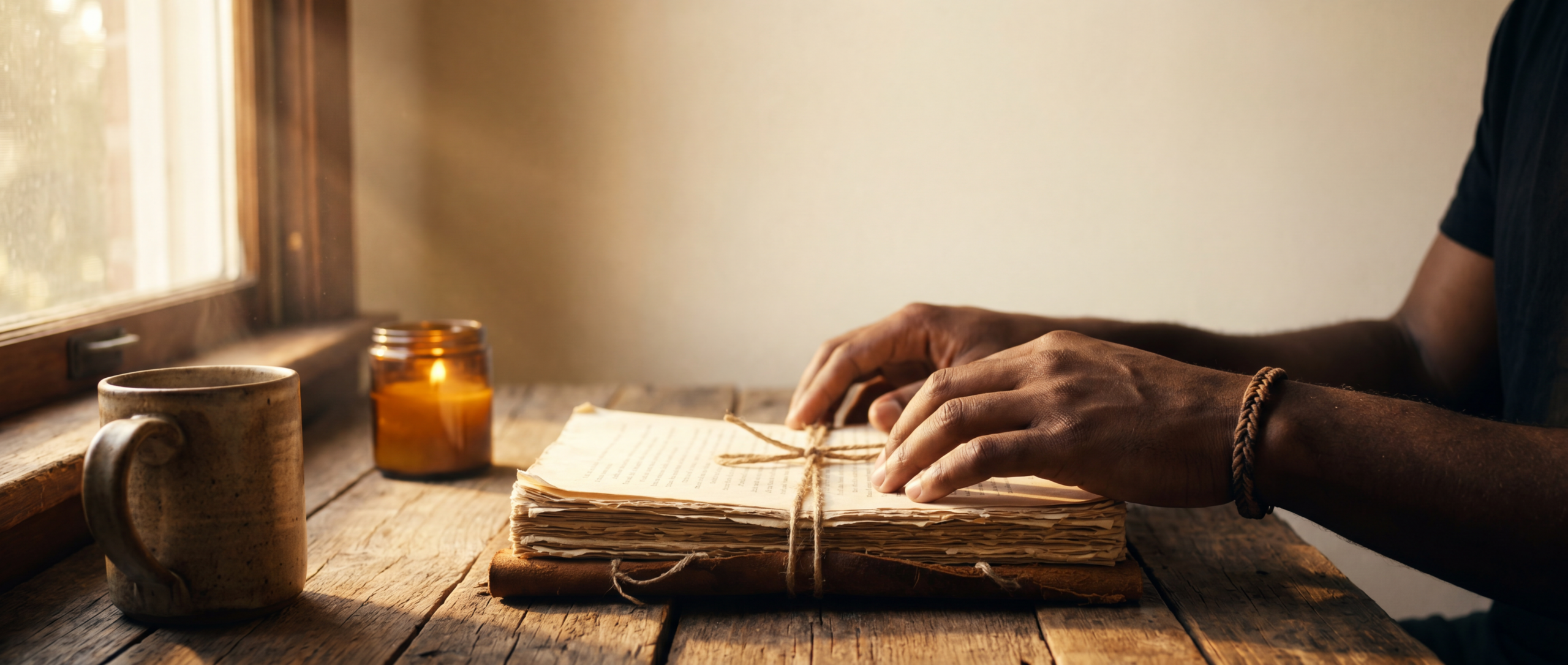 Black hands closing a finished manuscript beside a candle, soft sunbeam, completion and legacy