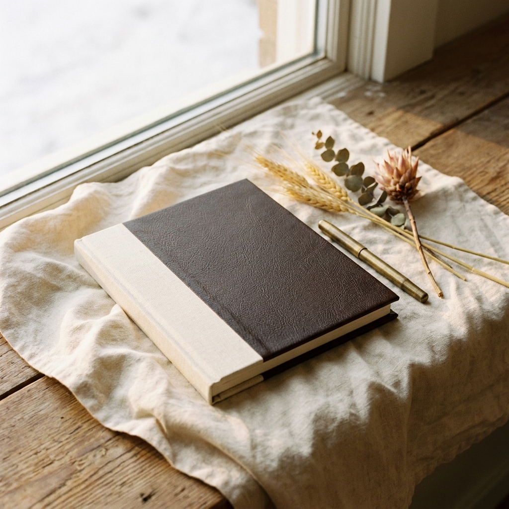 A premium hardcover book on cream linen with a brass pen and dried botanicals in warm golden light