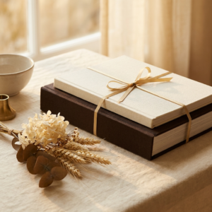 A hardcover book and a workbook tied together with a thin gold ribbon on cream linen