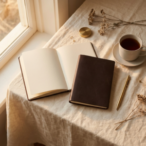An open writing workbook with a brass pen and a cup of tea on cream linen in warm golden light