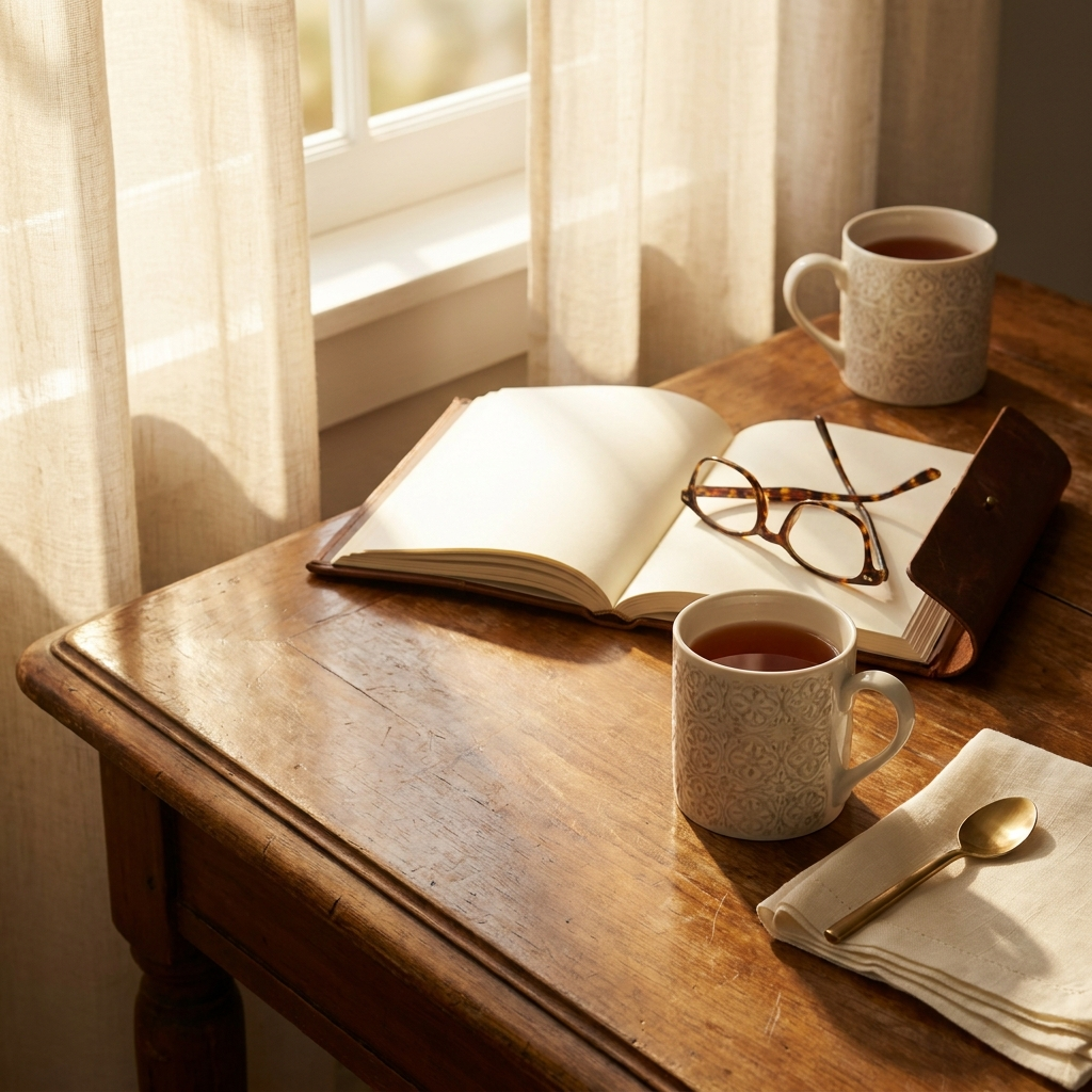 Two cups of tea beside an open journal and reading glasses in warm golden light