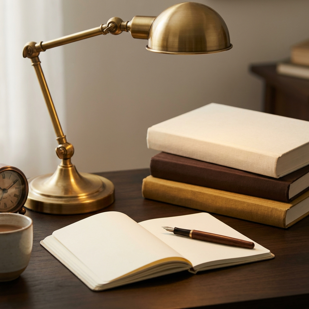 A writer's desk with an open notebook, fountain pen, brass lamp, and books in warm golden light
